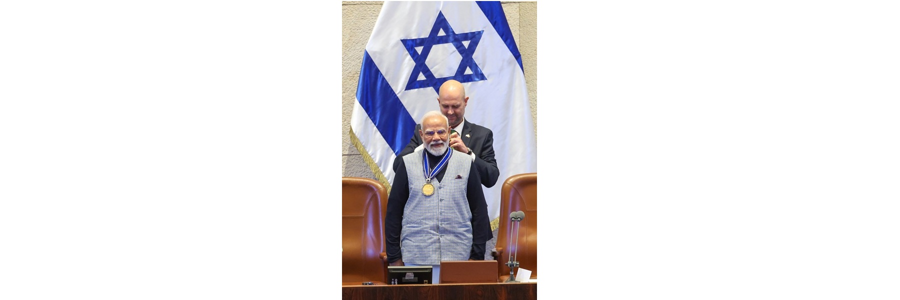PM being conferred with the highest honour of the Knesset “Speaker of the Knesset Medal” at the Knesset of Israel.