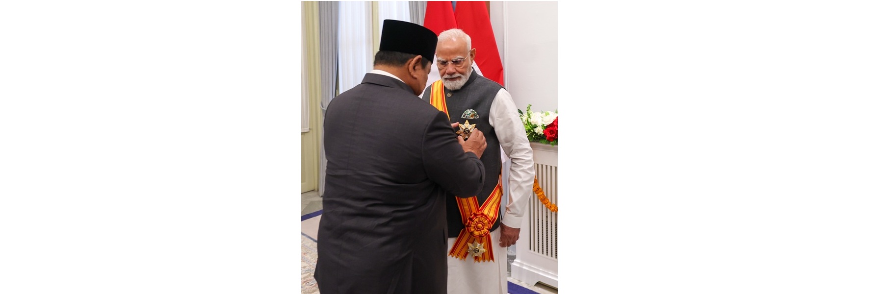 PM being conferred with the ‘Bintang Adipurna’ - The Republic of Indonesia’s highest civilian honour by the President of the Republic of Indonesia, Mr. Prabowo Subianto at Jakarta, in Indonesia. 