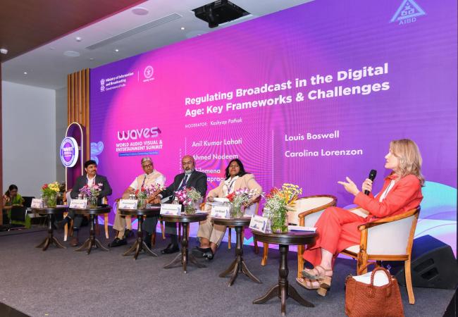 The Breakout Sessions: Panel on broadcast regulation featured TRAI’s Anil Lahoti, AIBD’s Gnanapragasam, ABU’s Nadeem, and Mediaset’s Lorenzo in Mumbai on May 2, 2025.