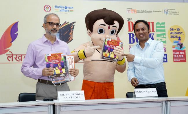 The Principal Director General, Publications Division, Sh. Bhupendra Kainthola addressing the vibrant book release event of latest comic book series “Chhota Bheem” published by the Publications Division held at Bharat Mandapam, in New Delhi on August 08, 2025.