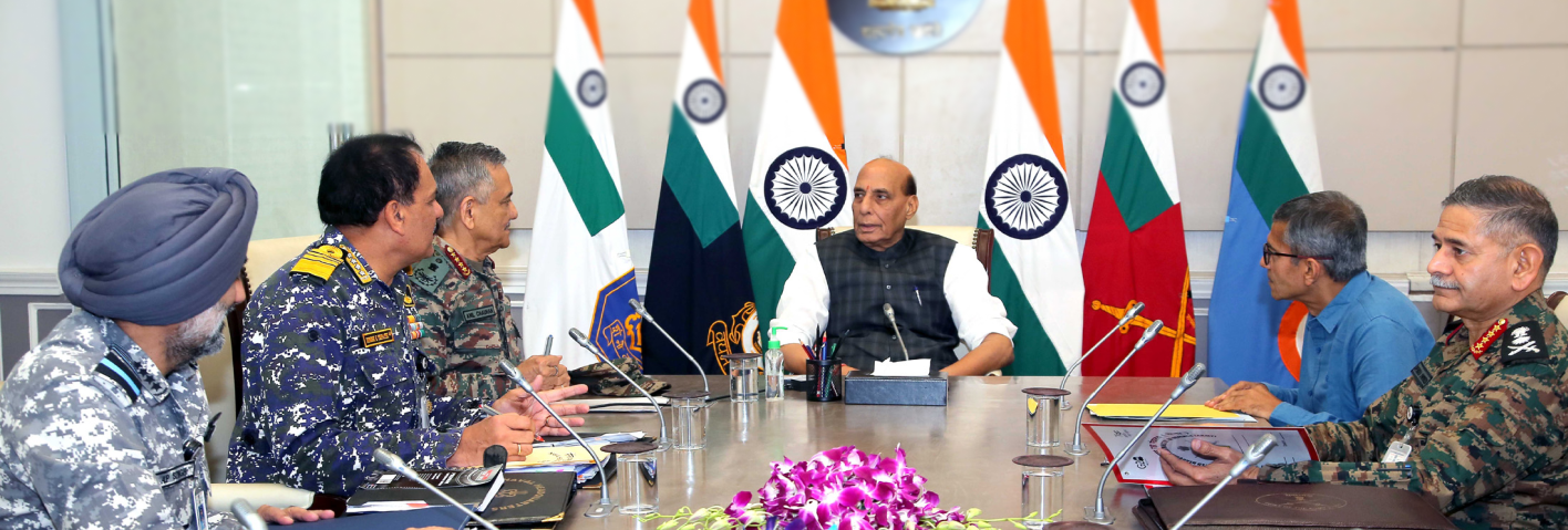 The Union Minister for Defence, Shri Rajnath Singh chairing a high level meeting to review the security situation along the western border and operational preparedness of the Indian Armed Forces at South Block, in New Delhi.