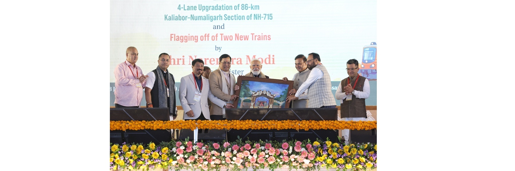 PM graced the Bhoomi Poojan on the sidelines of the foundation stone laying of Kaziranga Elevated Corridor Project & flagging-off 2 new Amrit Bharat Express trains held at Kaliabor, in Assam.