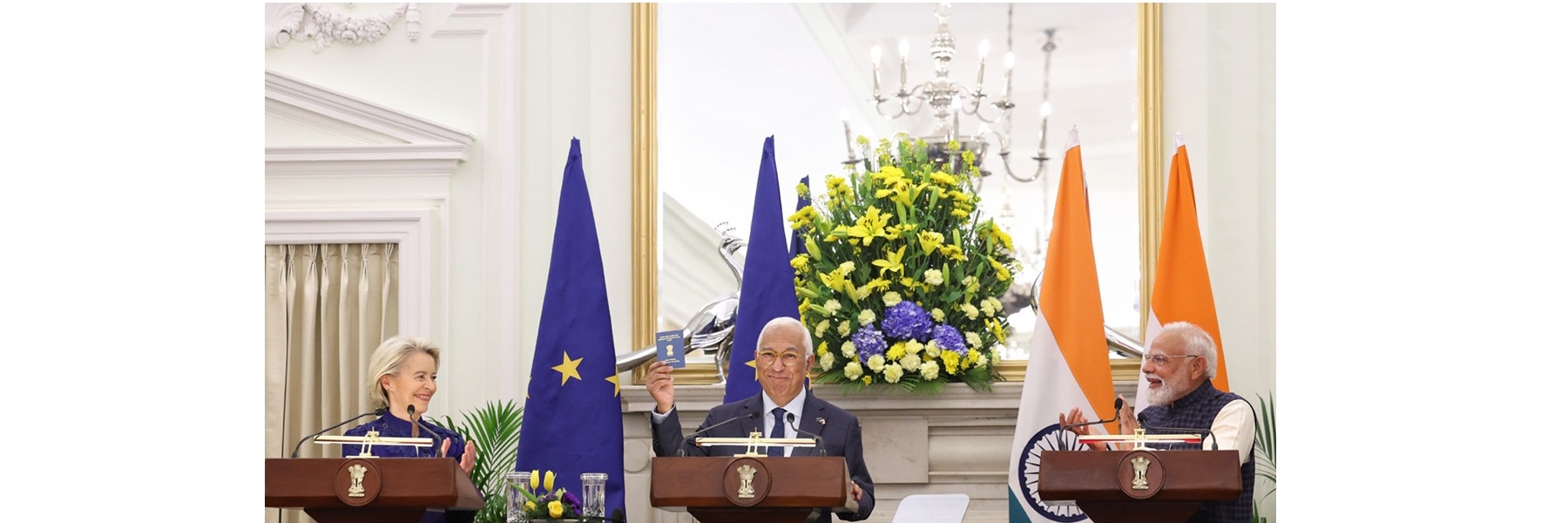 PM, the President of the European Council, Mr. António Luís Santos da Costa and the President of the European Commission, Ms. Ursula von der Leyen witness the Exchange of MoUs between India and EU, in Hyderabad House, New Delhi