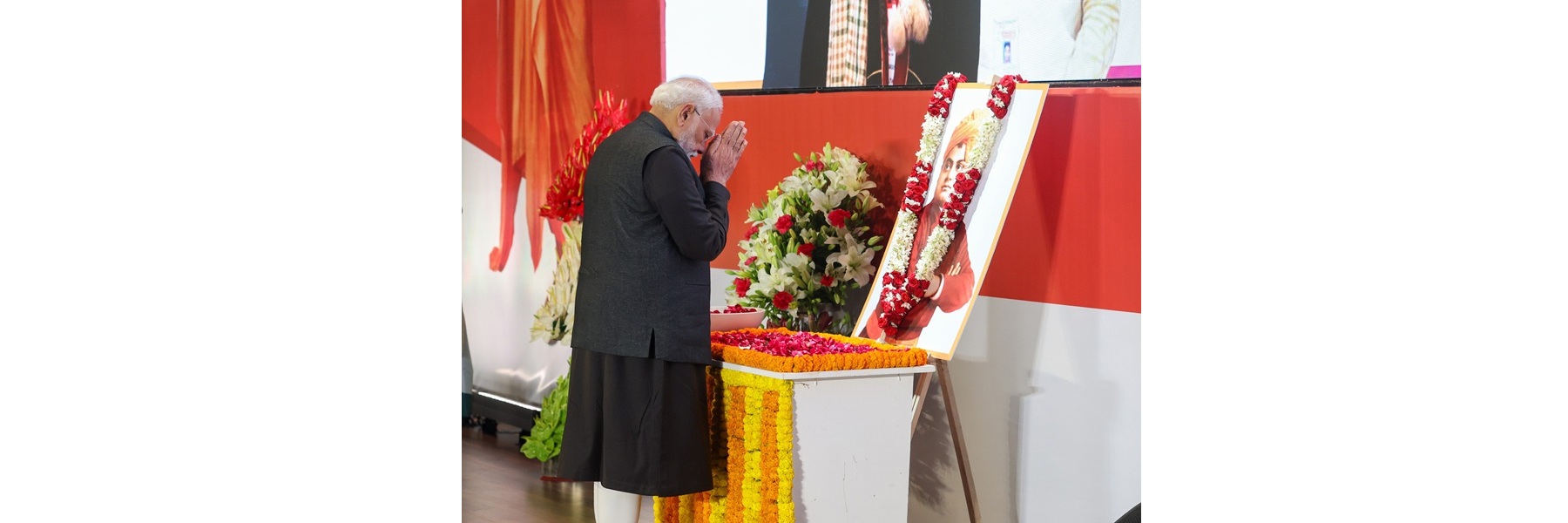  PM pays homage to Swami Vivekananda on his birth anniversary during the Viksit Bharat Young Leaders Dialogue 2026, in Bharat Mandapam, New Delhi